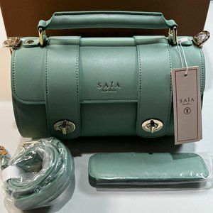 Saia London The Emmeline Yoga Mat Bag Teal New Vegan Faux Leather Shoulder Strap